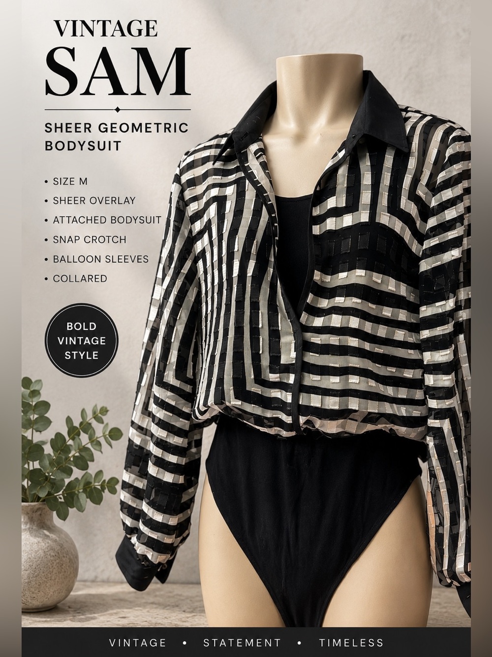 SAM Vintage Sheer Blouse Geometric Stripe Bodysuit Black White Snap Front Size M